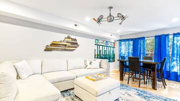 Smart TV, fireplace, table tennis, books