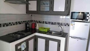 A compact kitchen with a gas stove, a microwave, a refrigerator, and a sink. - Apartment 1 Chambre Avec Balcon Face à la Plage (Flic en Flac)