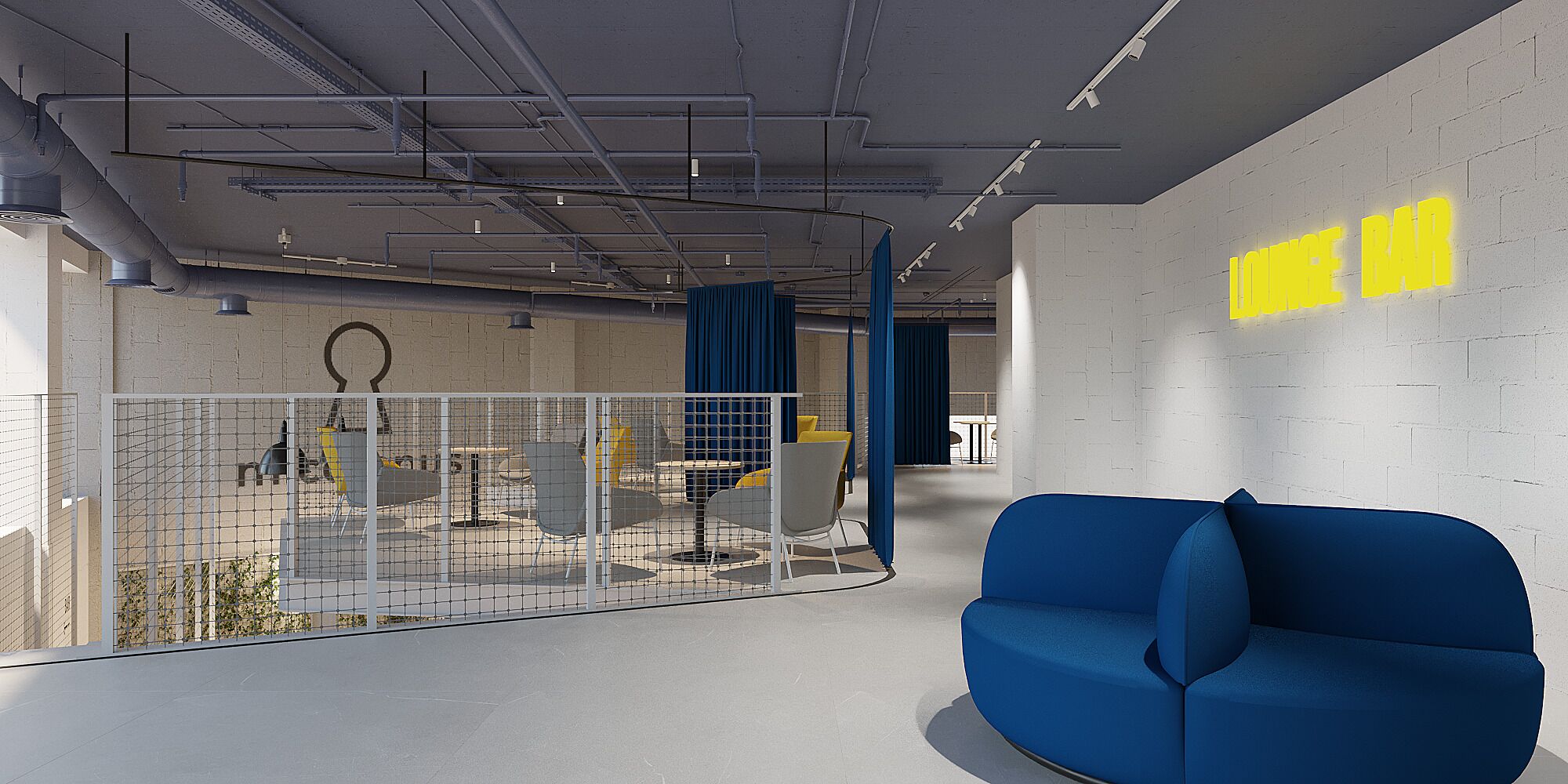 Un interior modern amb un sofà blau, una paret de maó blanc i un rètol groc que diu "Lounge Bar".