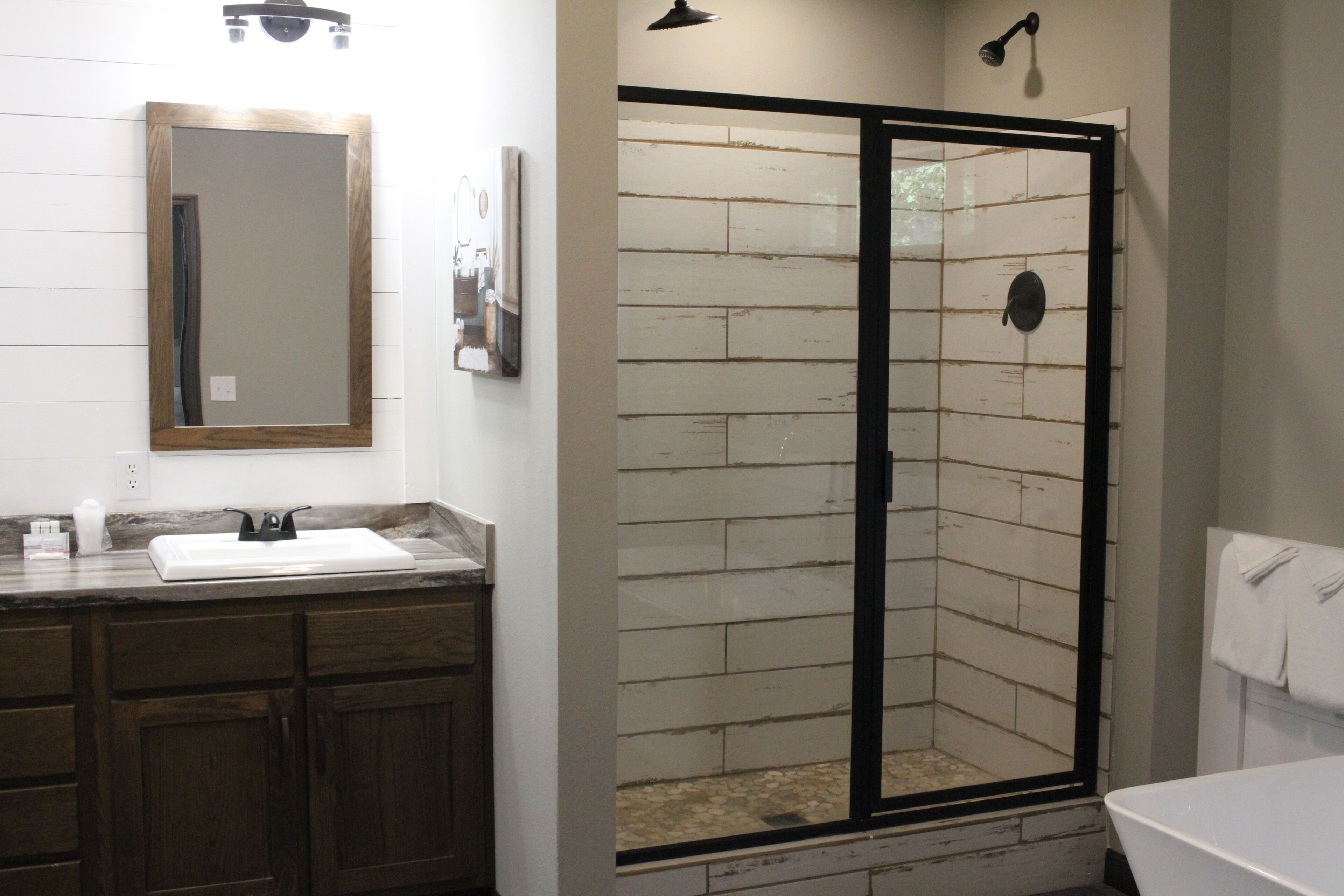 Une salle de bain avec une douche, un lavabo et un miroir.