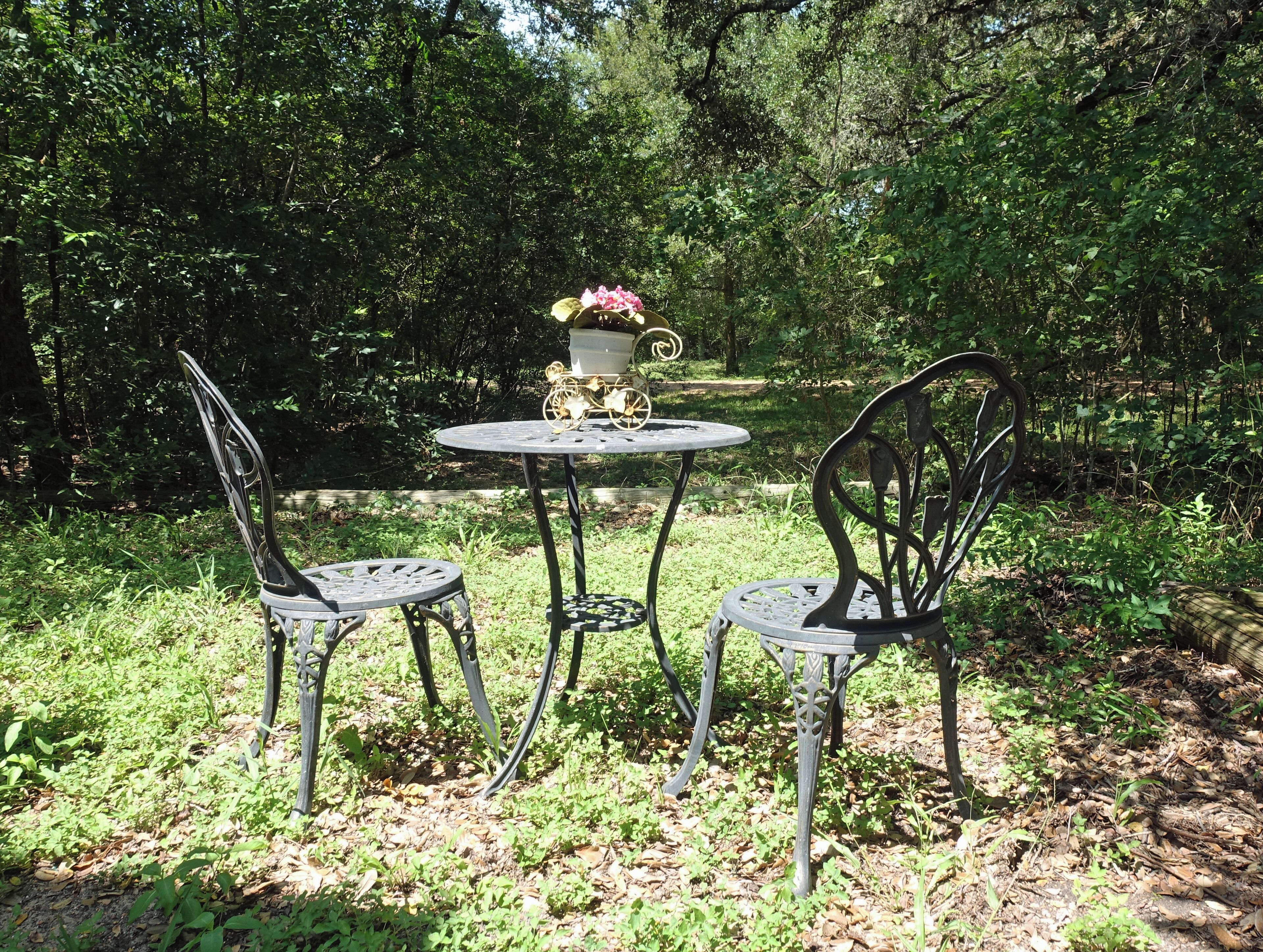 A metal table with two chairs in a garden setting.
