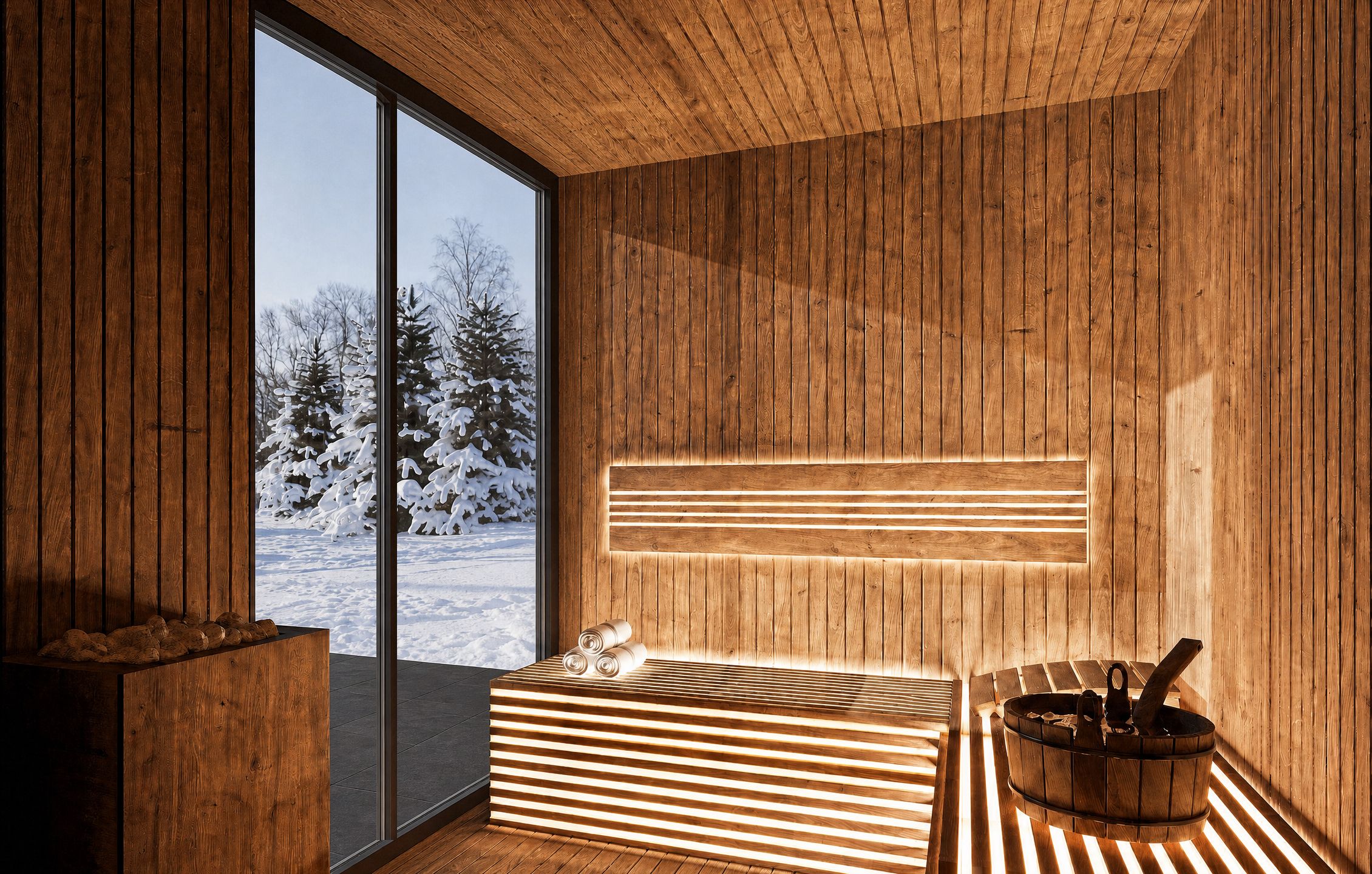 Interior de madera con un ventanal grande, un banco de sauna y una bañera de sauna.