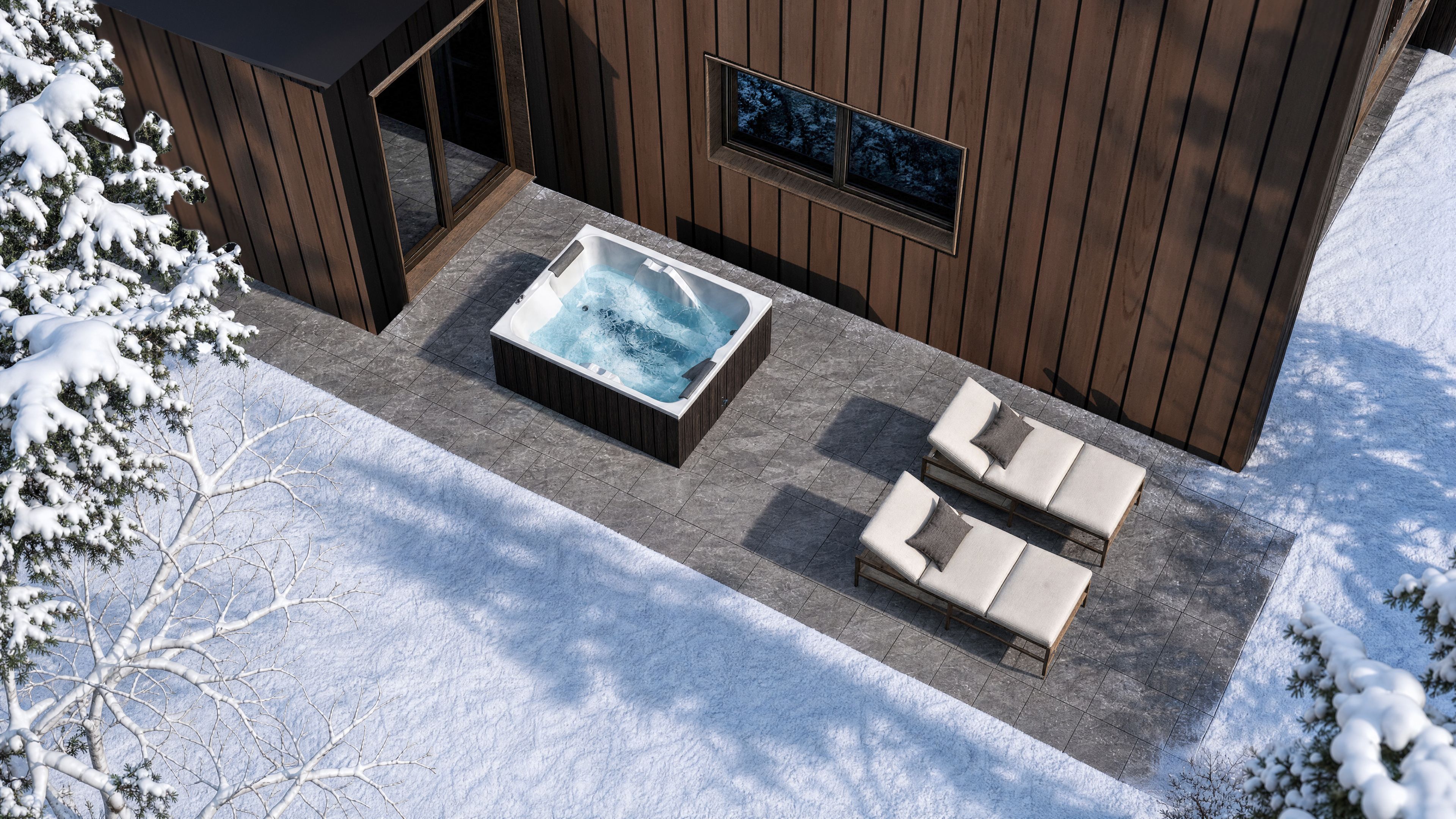 A modern outdoor hot tub area with a wooden deck, two lounge chairs, and a large window.