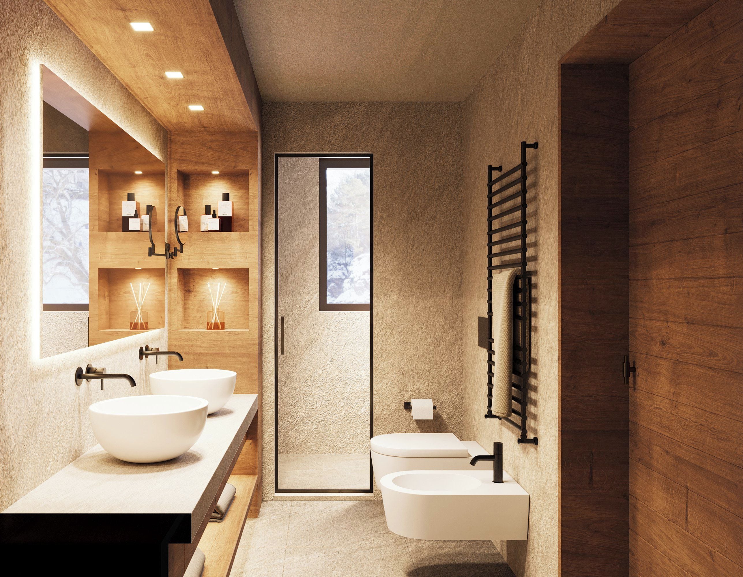 A modern bathroom with two sinks, a mirror, and a towel rack.