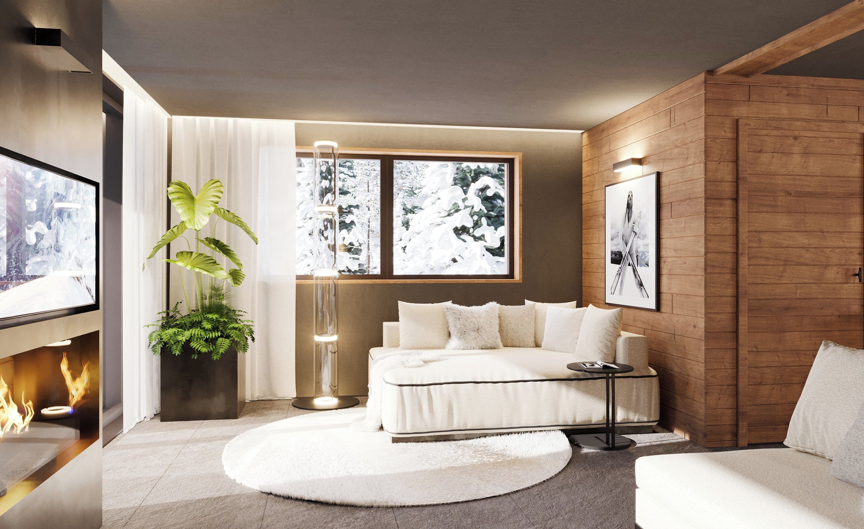 Een moderne woonkamer met een bank, een rond tapijt, een open haard, een grote plant en ingelijste foto’s aan de muur.