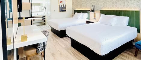 Premium bedding, down comforters, pillowtop beds, desk