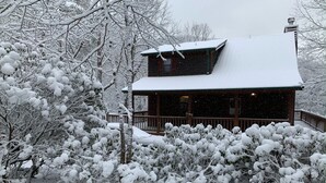 A wooden cabin with a snow-covered roof and a balcony, surrounded by snow-laden trees and bushes. - Little Bear Cove in the Enchanted Valley of Young Harris Ga (Young Harris)