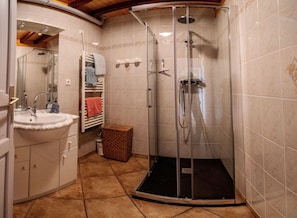 Shower, hair dryer, toilet paper