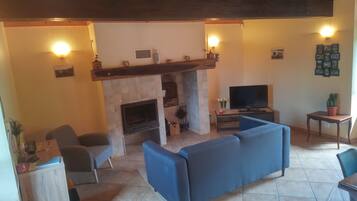 Télévision, cheminée, lecteur de DVD, livres