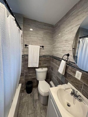 Combined shower/tub, hair dryer