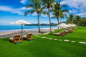 Un complexe hôtelier situé en bord de mer, doté de chaises longues et de parasols, offrant une vue dégagée sur l’océan et bordé de palmiers.