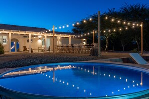 Outdoor pool - Desert Moon: Fenced  Private Acre with Cowboy Pool, Spa, Sauna and Hammocks (Thousand Palms)