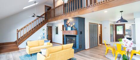 Smart TV, fireplace, books