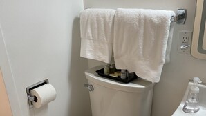 A small, clean bathroom with a toilet, a sink, and a towel hanging on the wall. - Modernized Studio Apartment in Gadsden, AL (Gadsden)