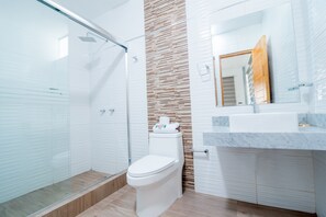 Shower, towels, soap, shampoo