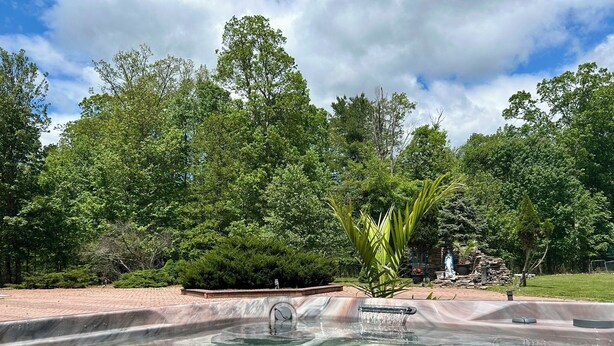 Uma banheira de hidromassagem em um jardim arborizado, com árvores e uma estrutura de pedra ao fundo.