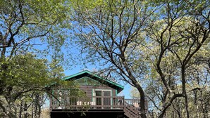 A cabin with a green roof, wooden deck, and a covered area. - Chappy - Family Beach House (Edgartown)