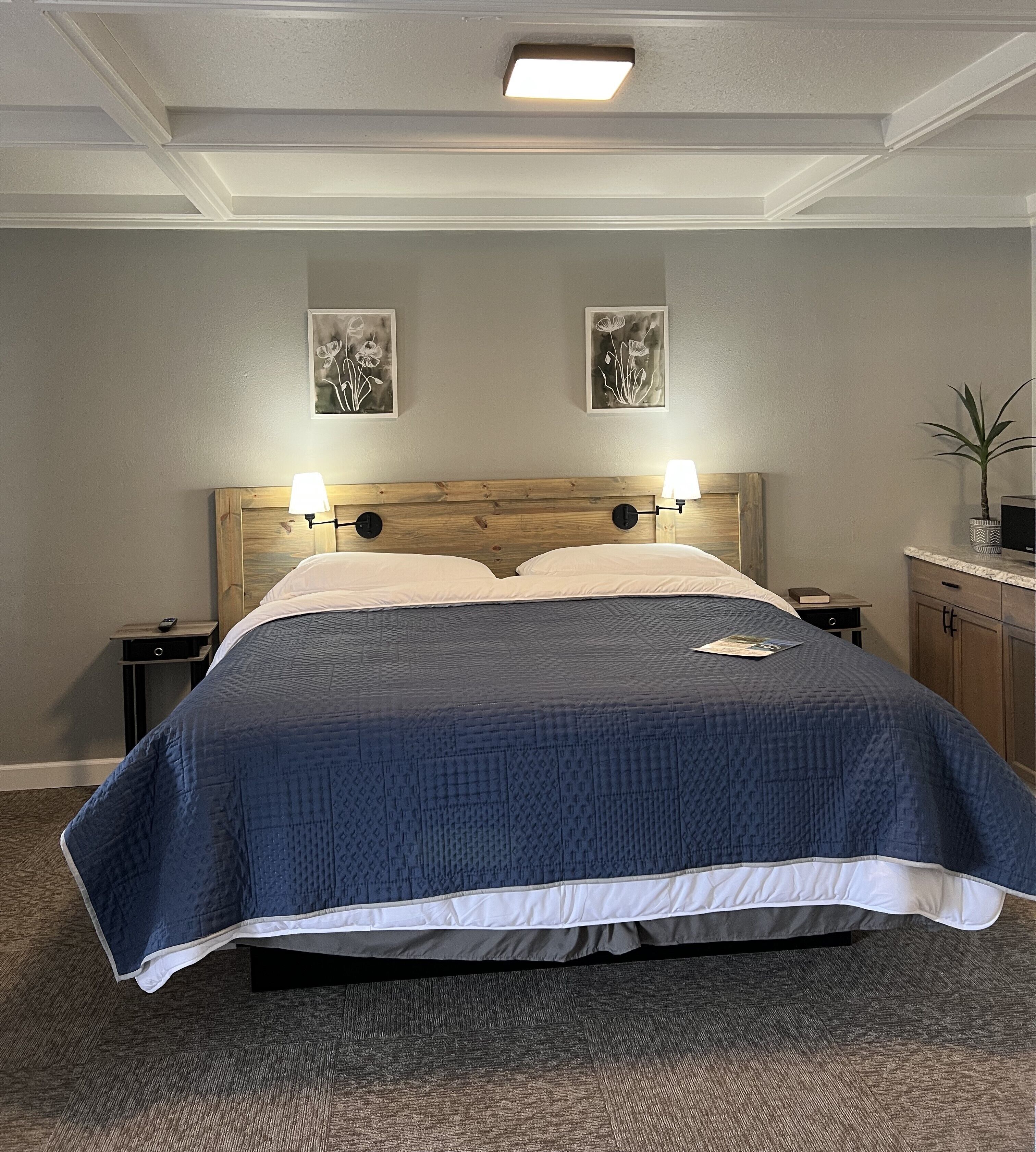 Habitación de hotel con una cama grande, dos lámparas de pared, una obra de arte enmarcada sobre la cama, una mesita con una lámpara y una planta en maceta sobre un mueble.