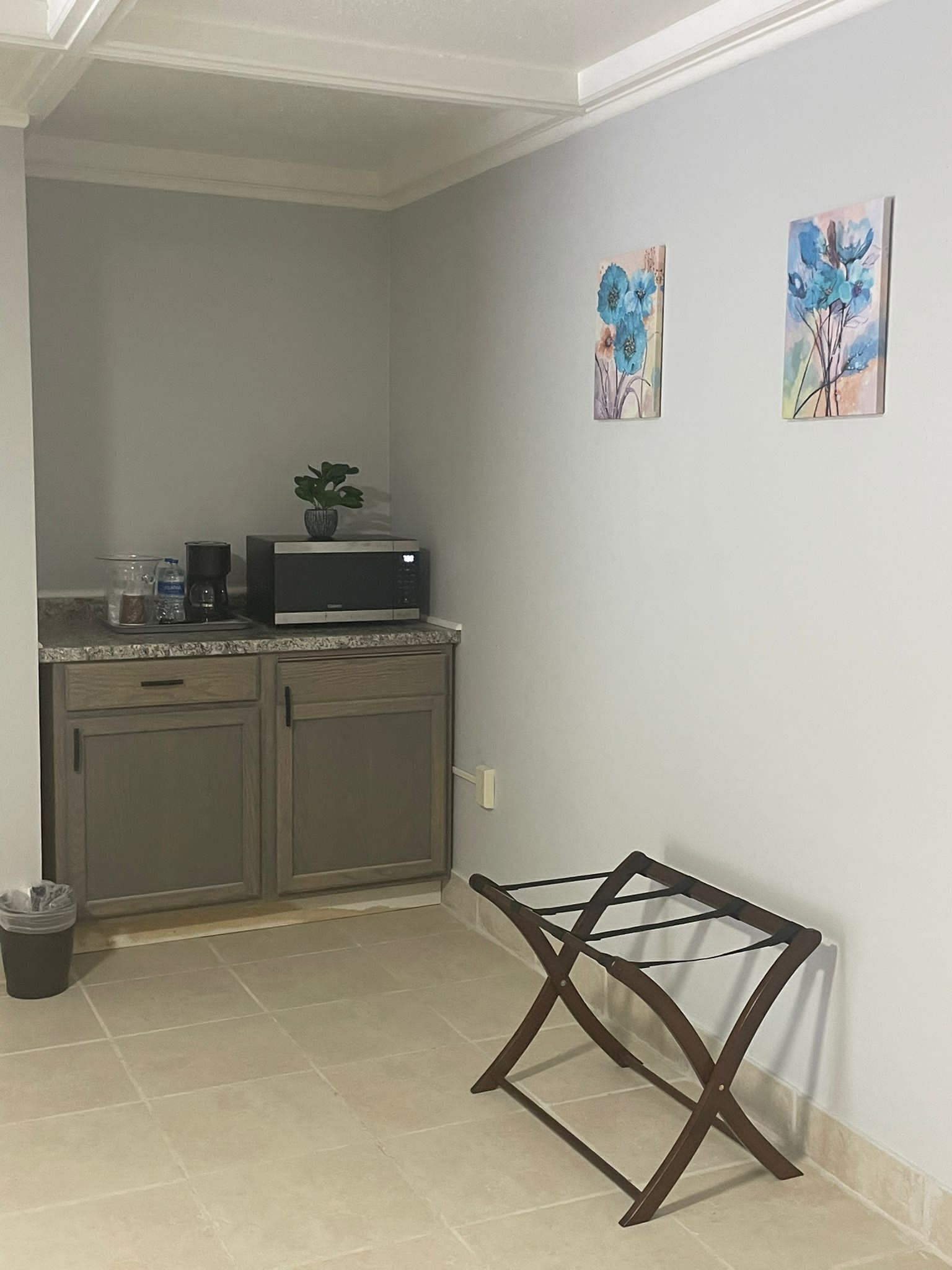 A kitchen with grey cabinets, a microwave, a coffee maker, and a plant on the counter. There are two framed artworks on the wall.