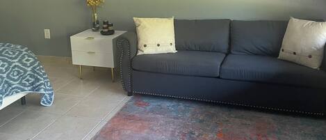 A modern bedroom with a grey sofa, a patterned bedspread, and a colorful rug. There are three wall-mounted paintings depicting birds and branches.