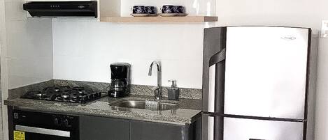 Fridge, microwave, oven, coffee/tea maker