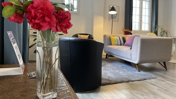 A living room with a sofa, a black ottoman, a vase with flowers, and a lamp. - GALARDIA - SARE - Gîte (SARE)