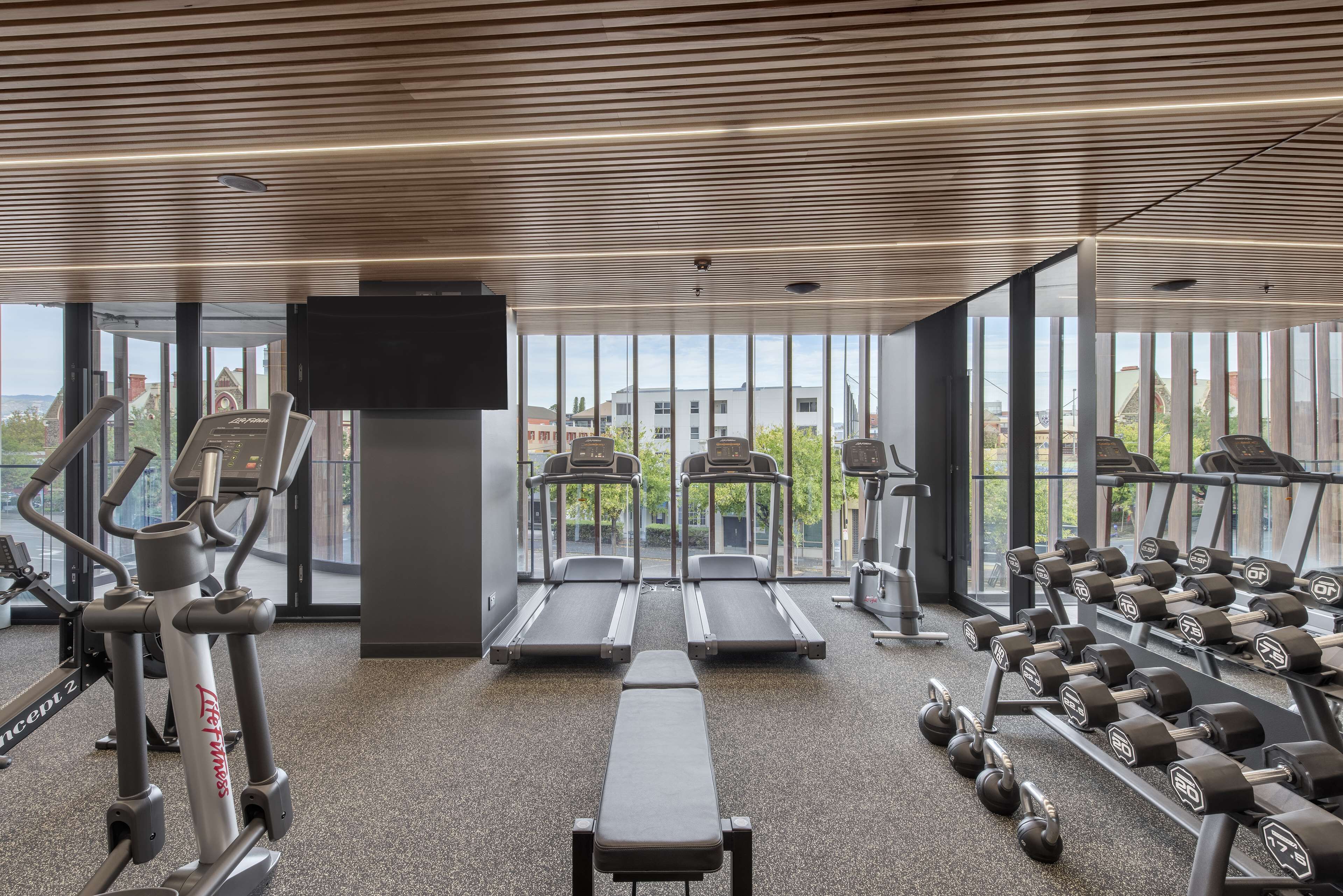 Un gimnasio con cintas de correr, una banca y mancuernas.