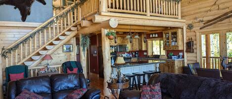 Télévision, cheminée, lecteur de DVD, baby-foot