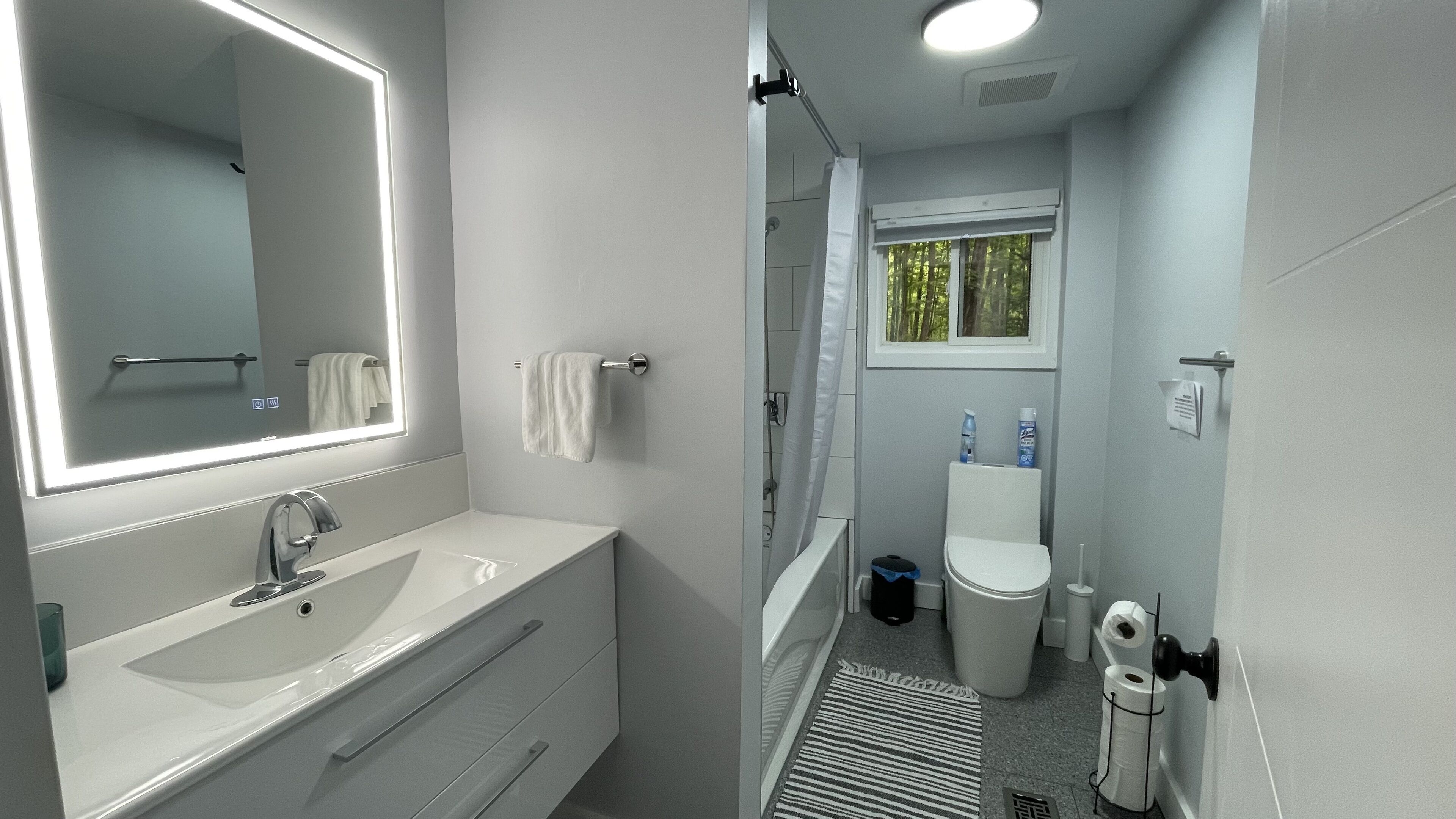 Bathtub, hair dryer, towels, soap