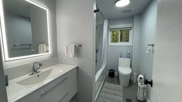 Bathtub, hair dryer, towels, soap