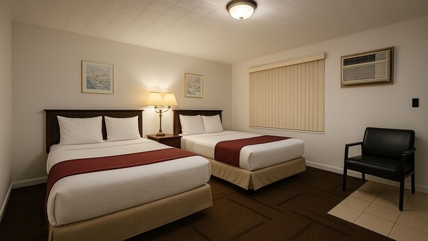 A hotel room with two beds, a chair, a lamp, and a window with blinds. - Hotel Prairie Winds Carthage Keokuk Hwy 136 (Carthage)