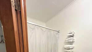A bathroom with a shower, toilet, and a towel rack. - Hotel Prairie Winds Carthage Keokuk Hwy 136 (Carthage)