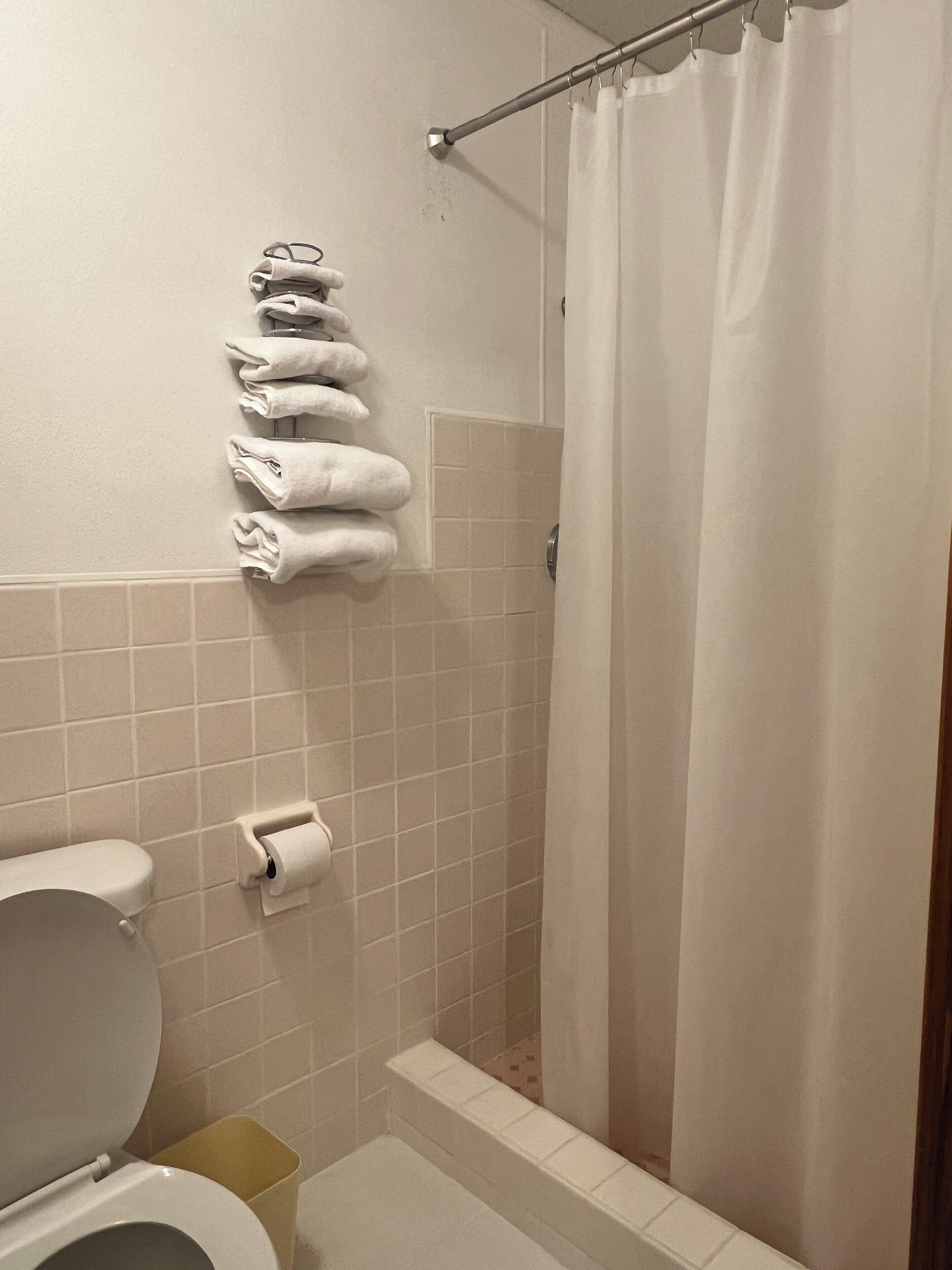Un baño con inodoro, toallero con toallas dobladas, cortina de ducha y dispensador de papel higiénico.