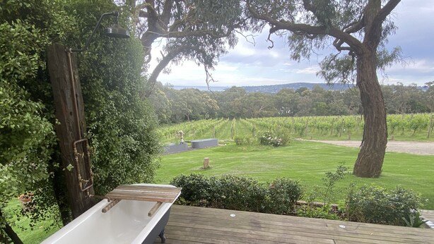 Une terrasse en bois avec une baignoire, entourée d’une végétation luxuriante et avec un vignoble en arrière-plan.