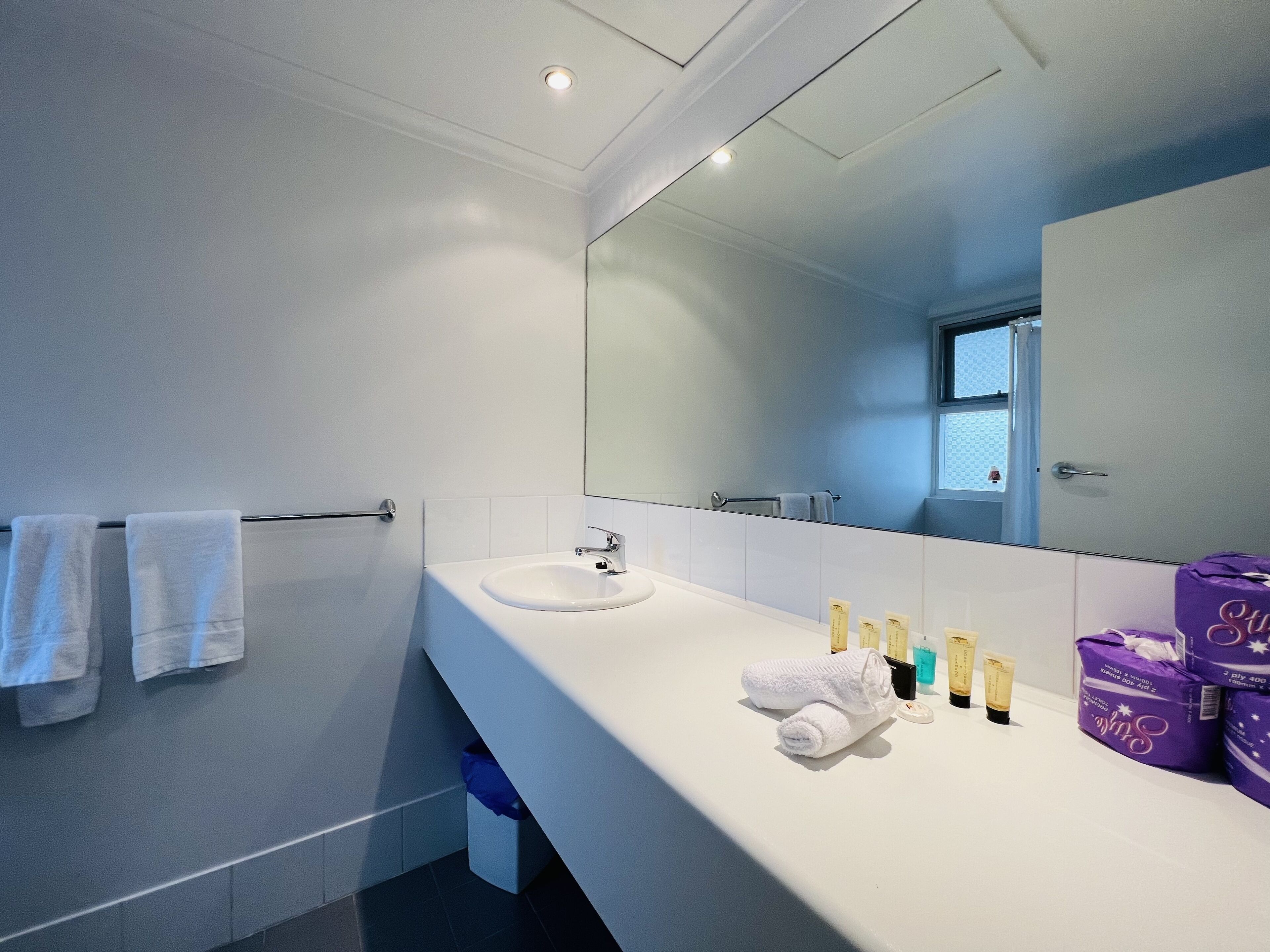 A modern bathroom with a white sink, a large mirror, and a towel rack.