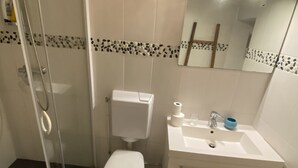 A bathroom with a glass-enclosed shower, a toilet, a sink, and a mirror.