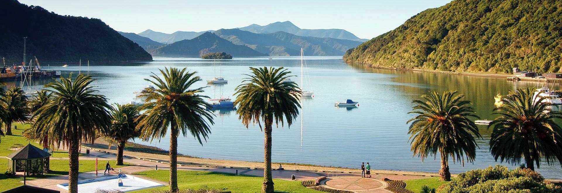 Vista sul lago con barche, palme e montagne sullo sfondo.