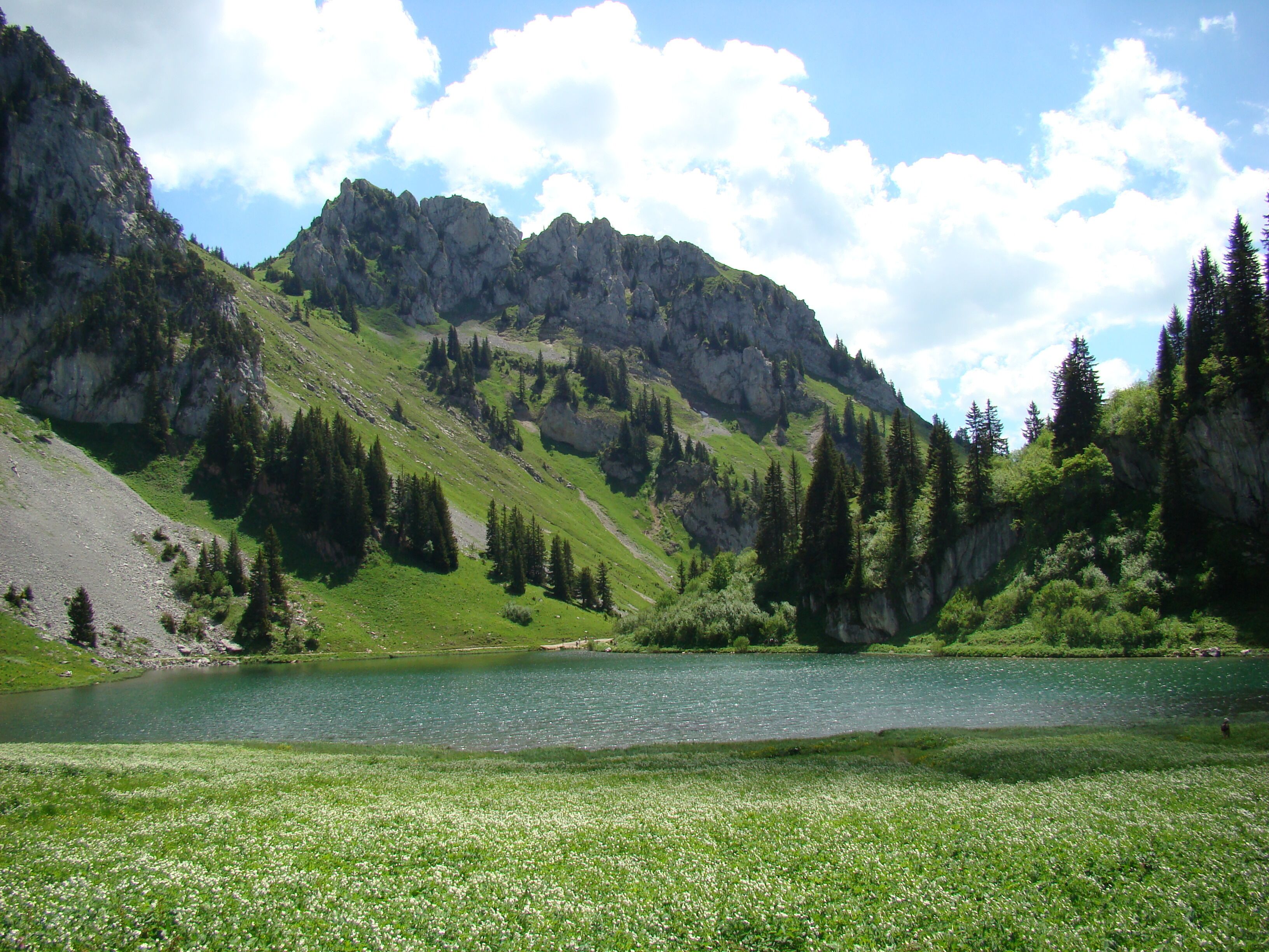A mountainous landscape with a lake and green fields.