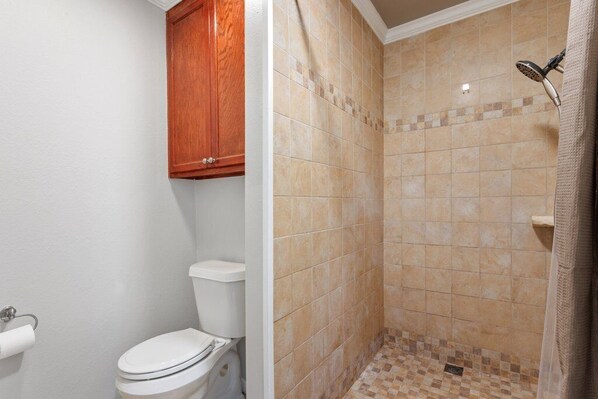 Un bagno con il water, un armadietto in legno e una zona doccia con pareti e pavimento piastrellati.