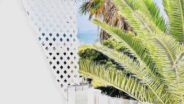 A white lattice fence with diamond-shaped openings, palm trees, and a clear sky. - Canaryislandshost l Mar Lanzarote (Puerto del Carmen)