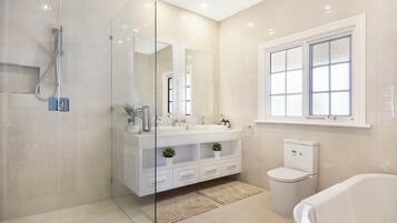 Combined shower/bathtub, hair dryer, towels, soap