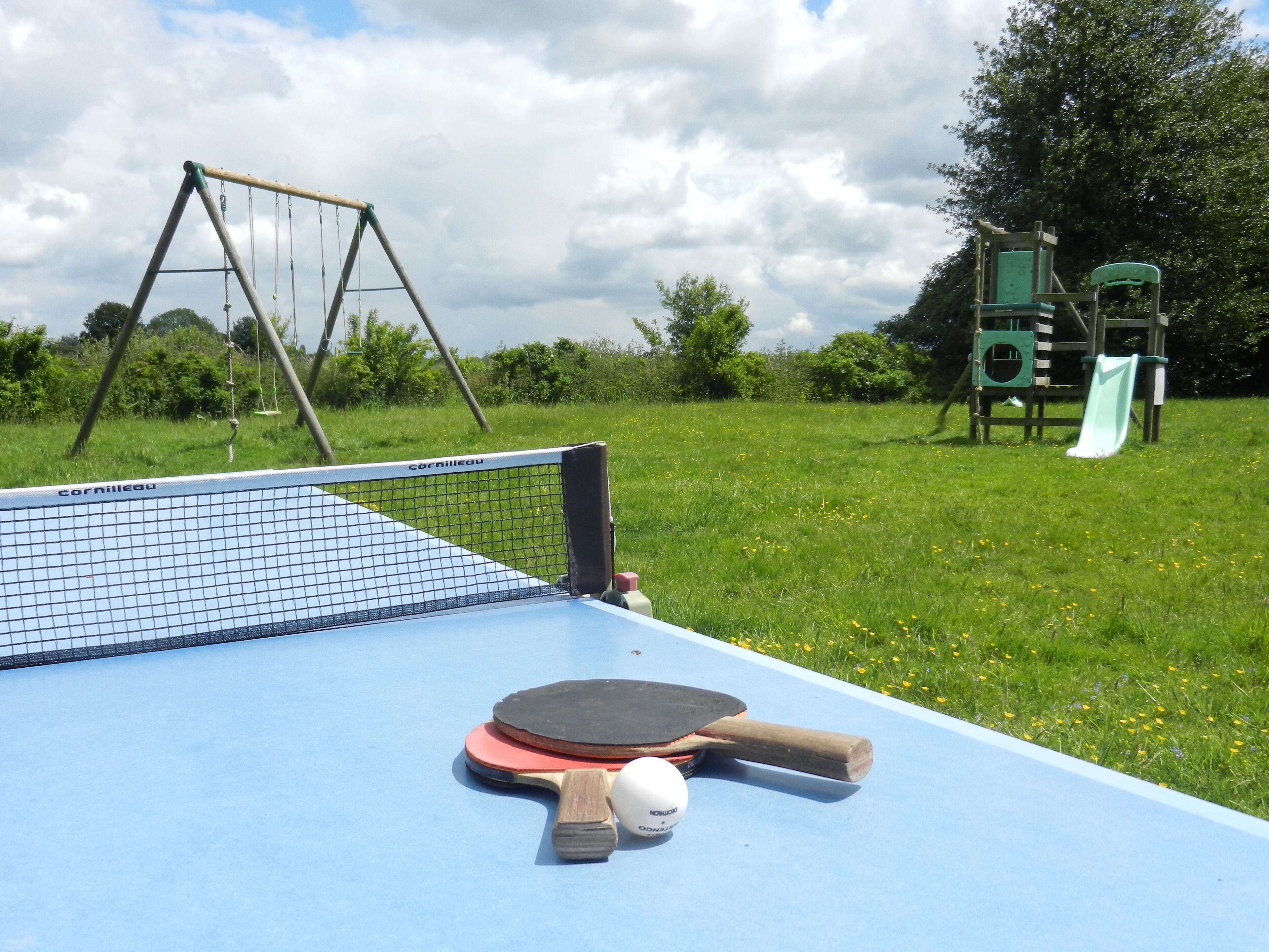 A ping pong table with paddles and a ball, a swing set, and a slide in a grassy park.