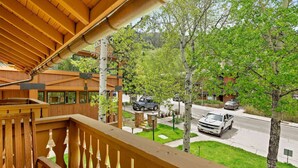 A wooden balcony with a view of a street and parked cars. - Alpenblick 09 (Aspen)