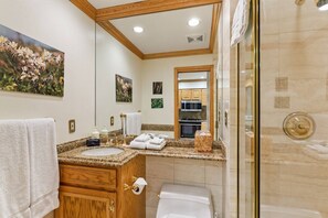 A bathroom with a granite countertop, a sink, a toilet, and a shower area. - Alpenblick 09 (Aspen)