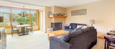 Televisión, chimenea y libros