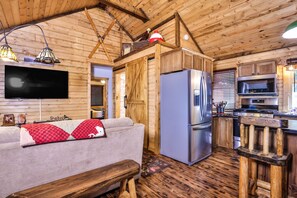 Televisión, chimenea, reproductor de DVD y libros 