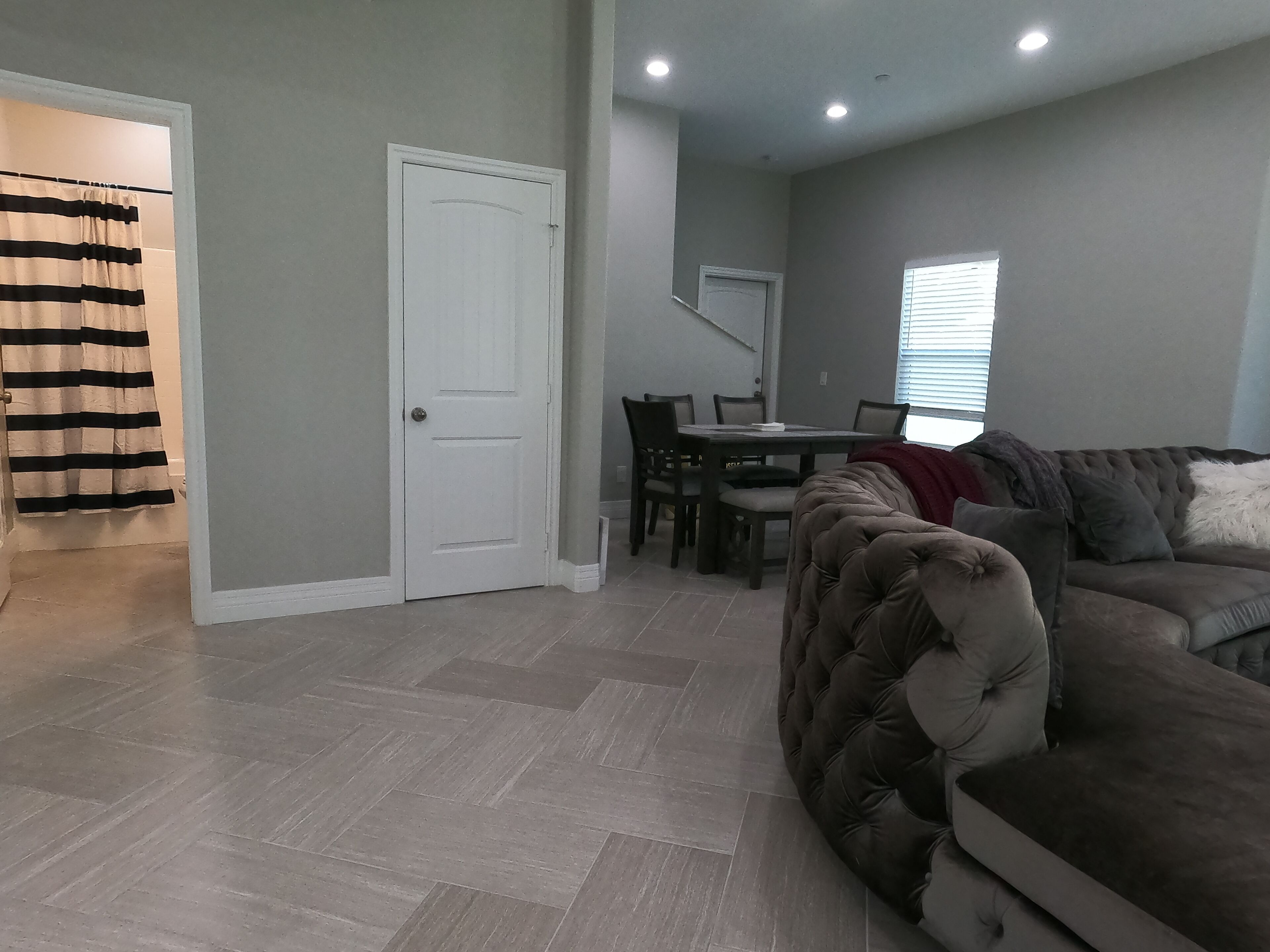 A living room with a brown sofa, a dining table with chairs, and a white door.