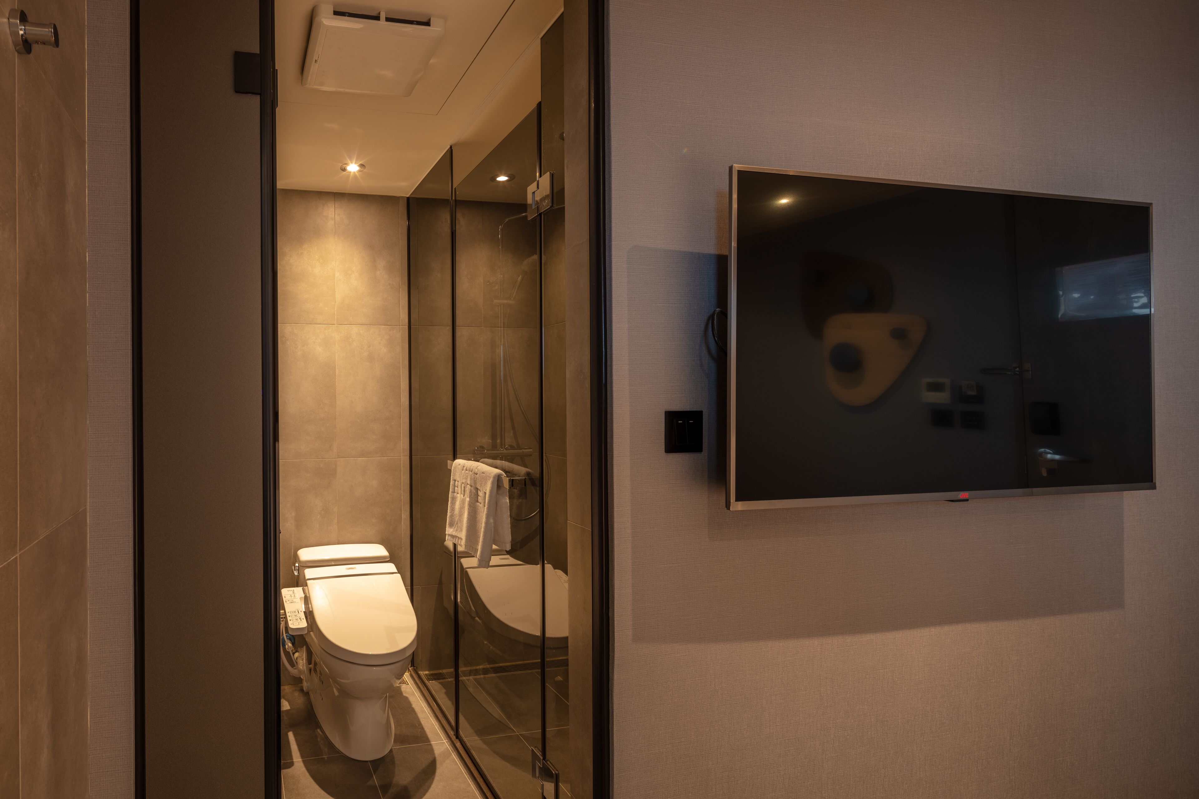 A modern bathroom with a glass-enclosed shower, a toilet, and a mounted TV.