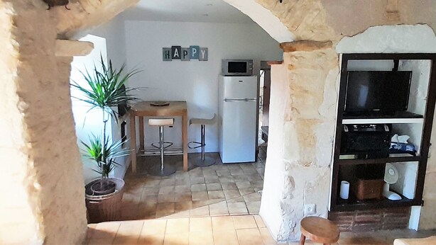 A stone archway leading to a kitchen with a refrigerator, microwave, and bar stools. - Geräumiges Ferienhaus mit Garten (BREUGNON)