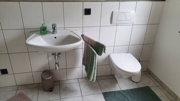 Dusche, Haartrockner, Handtücher, Toilettenpapier